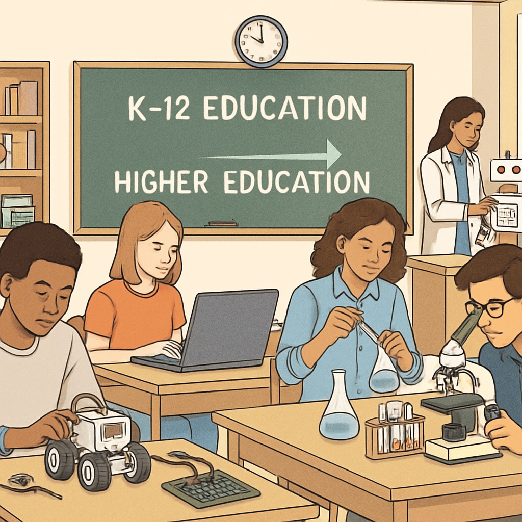 Students in a high school classroom engaging in STEM activities, highlighting the connection between K12 education and higher education readiness. High school students working on STEM projects, linking K12 education to higher education goals.