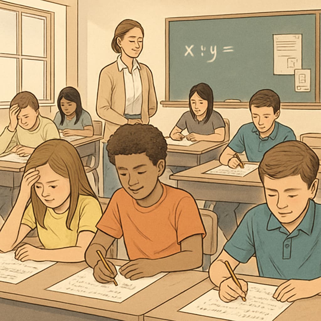 Students in a classroom solving math problems, showcasing exam stress and confidence.