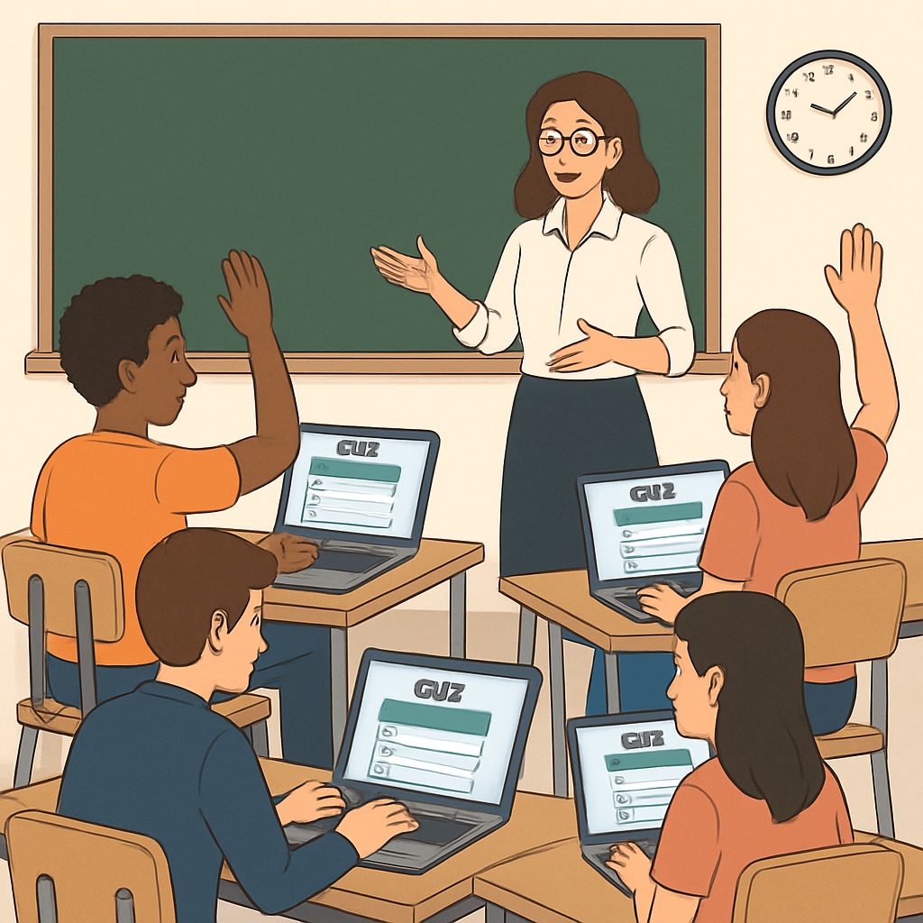 A visually engaging image of students taking an interactive online quiz on laptops in a classroom setting. Students taking an interactive quiz on laptops, representing high-quality quiz resources for students.