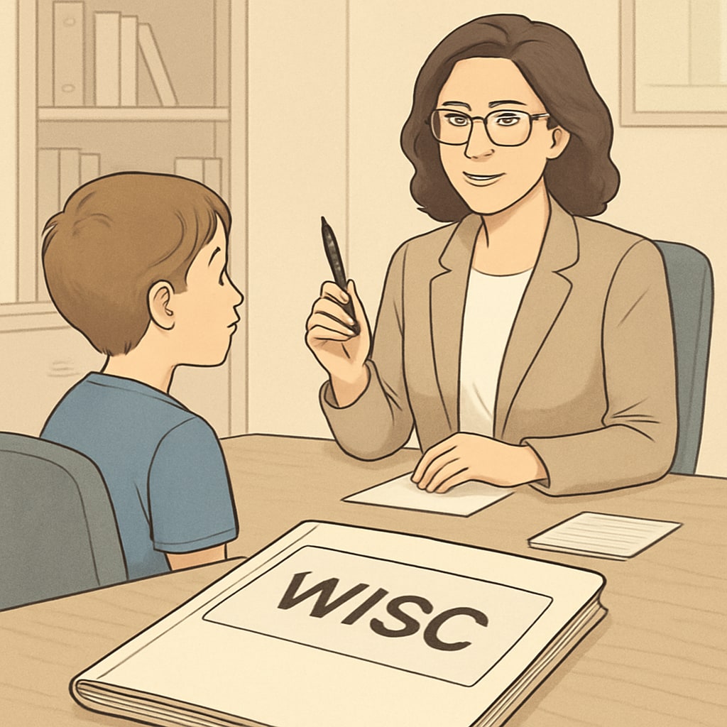 WISC testing materials and psychologist assisting a child in understanding questions.