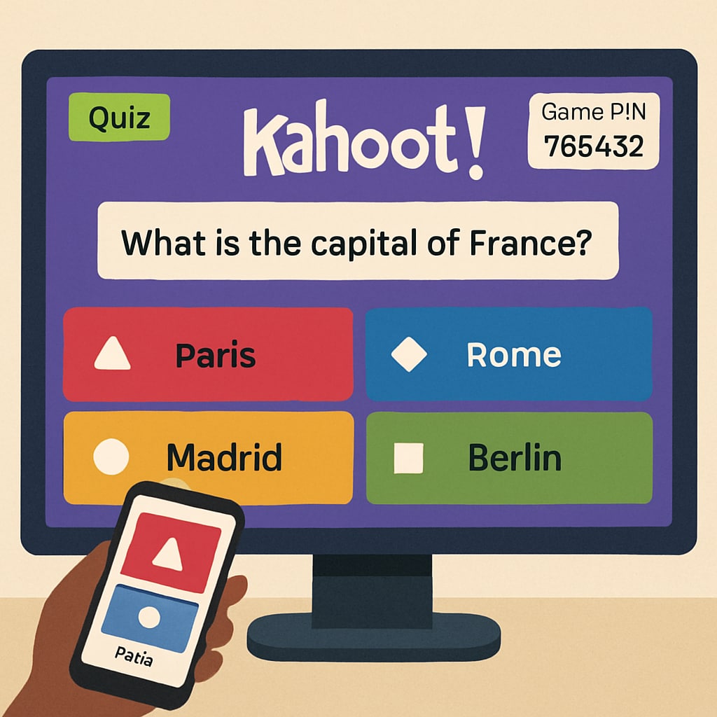 A screenshot of the Kahoot! platform showing an interactive quiz interface with colorful graphics. Interactive quiz on Kahoot! platform, representing engaging tools for student assessments.