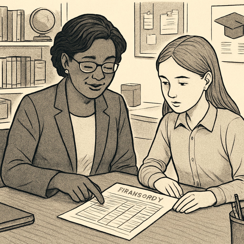 A high school counselor reviewing a student’s transcript with them in an office setting. A counselor helping a student assess their high school credit recovery needs.