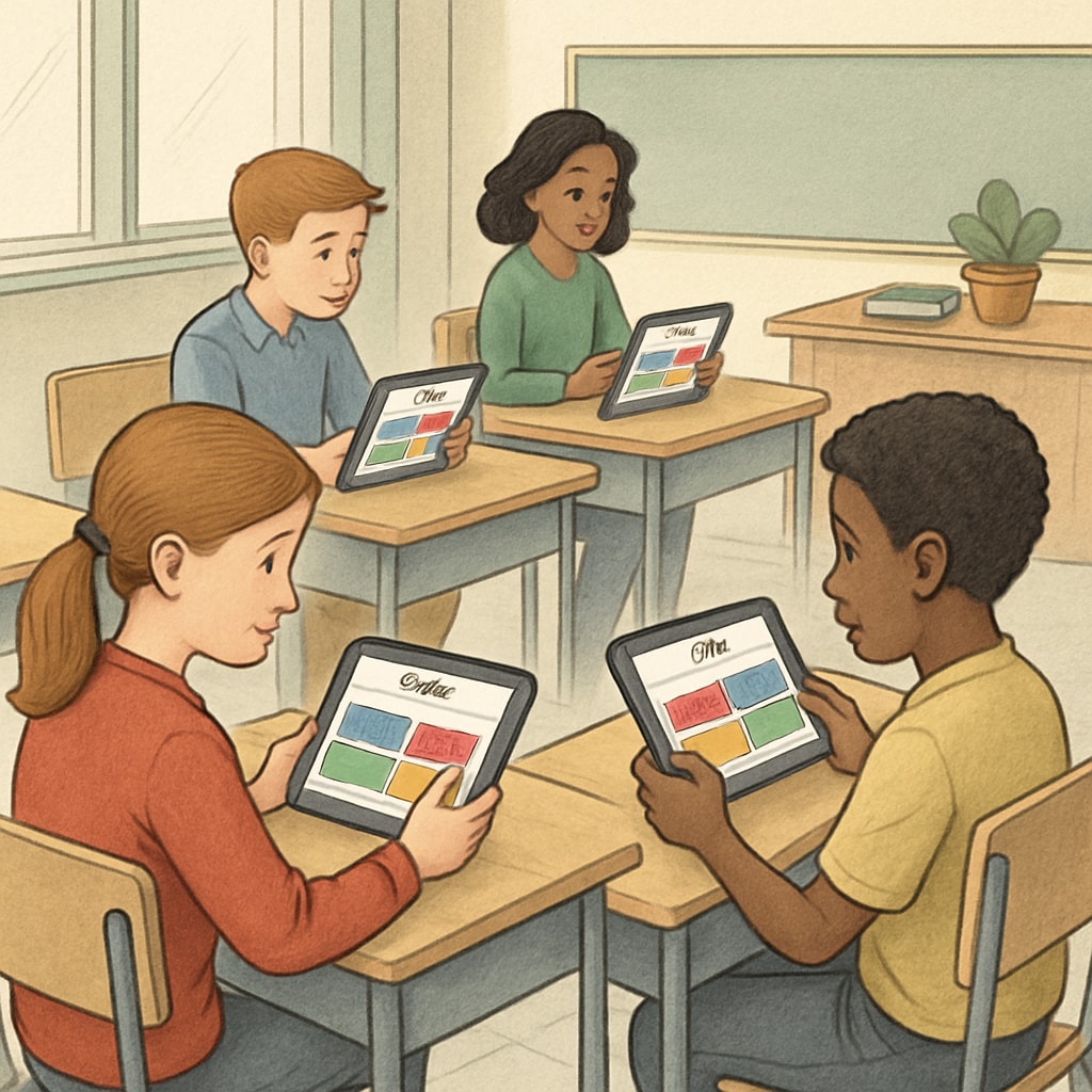 A group of students using an online quiz platform on tablets in a classroom setting. Students interacting with a high-quality quiz resource on tablets in a classroom.