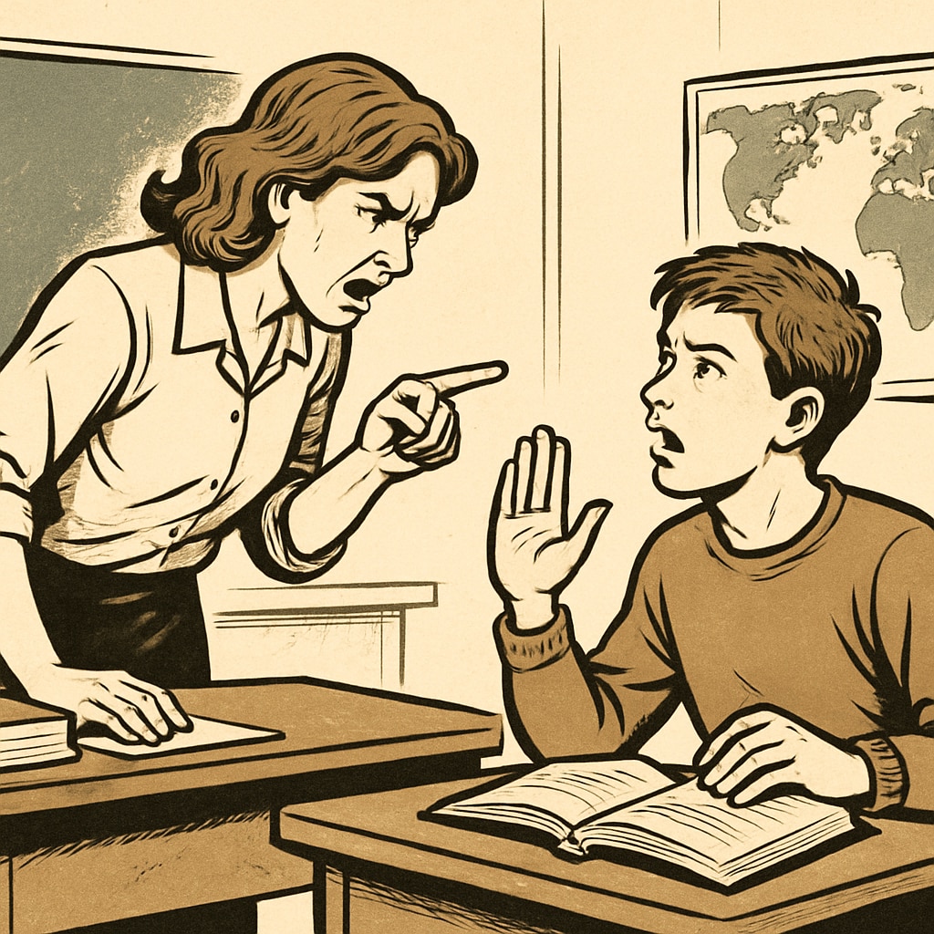 A tense moment between a teacher and student, representing educational extremes. A teacher intensely correcting a student, illustrating educational extremes.