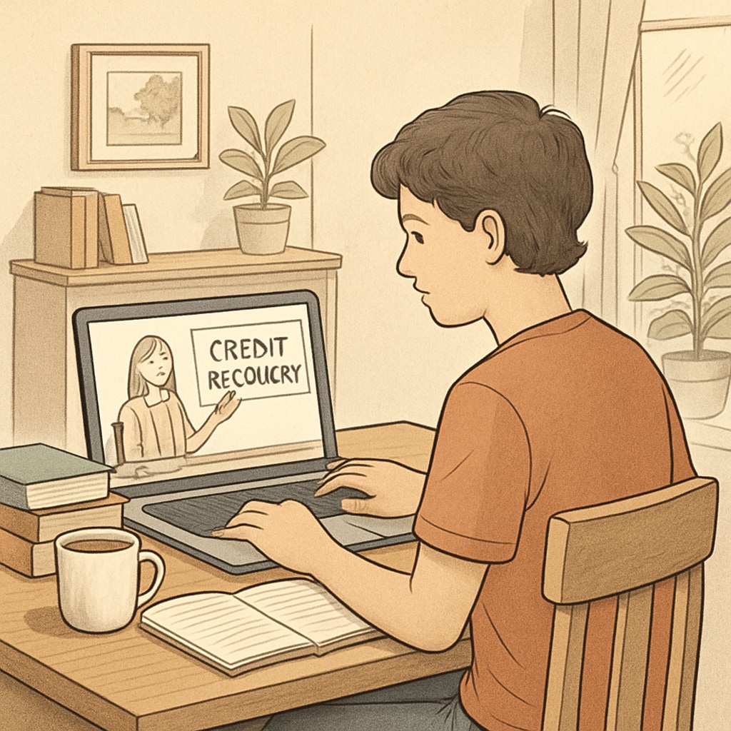 A student working on a laptop at home, taking an online course for credit recovery. A student engaged in online learning for high school credit recovery.