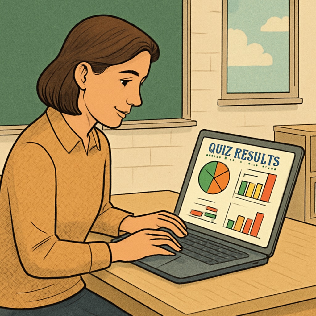 A teacher reviewing quiz results on a laptop with colorful graphs displayed on the screen. Teacher analyzing student performance through a quiz tool with graphical feedback.