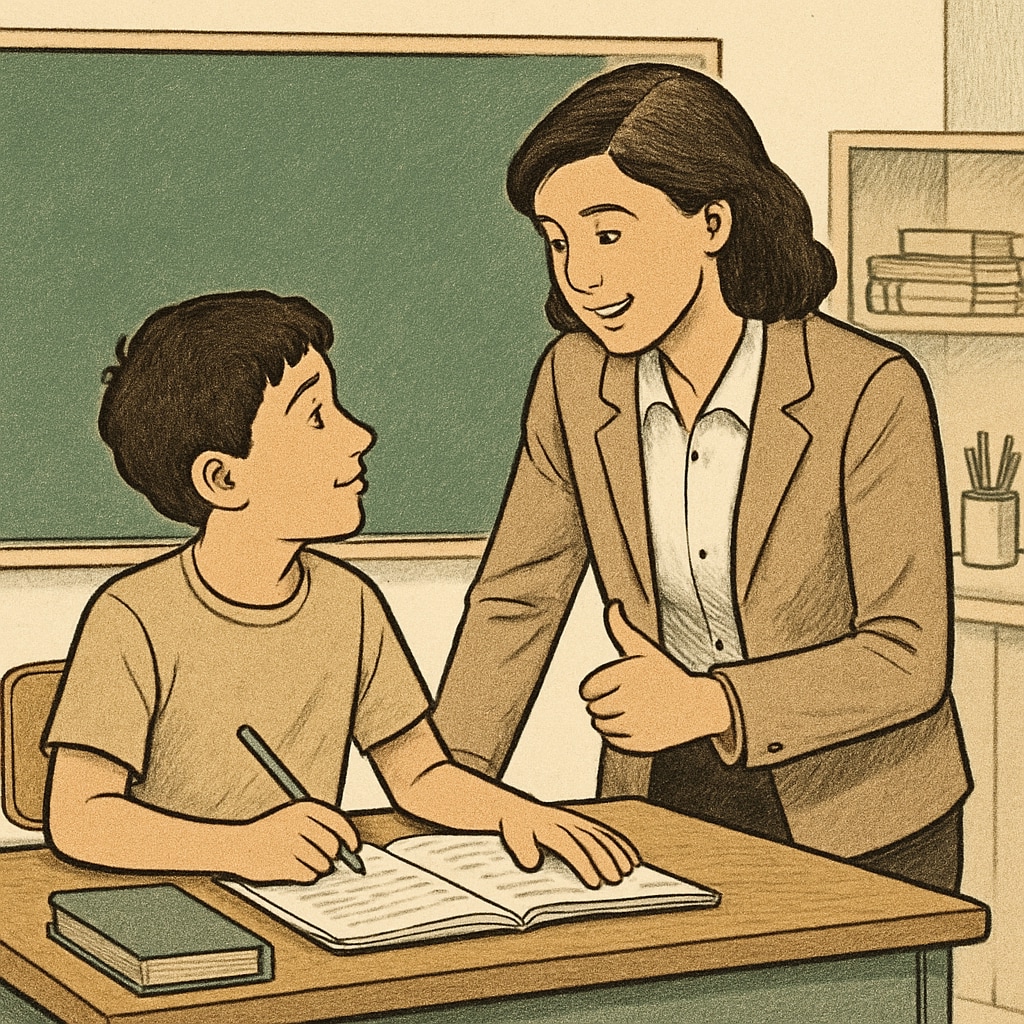 A classroom setting illustrating a teacher providing constructive feedback to a student. A teacher offering supportive guidance to a student in a classroom.