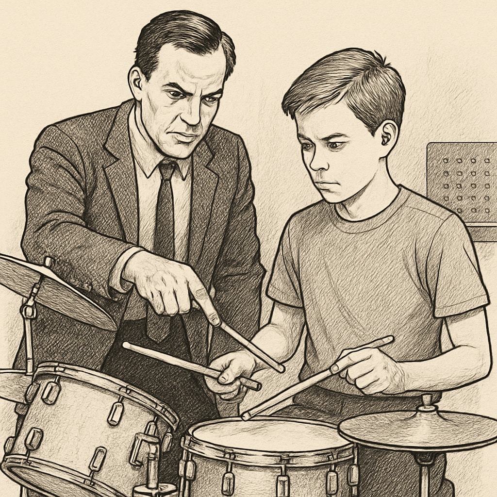 A music teacher correcting a student during a drum practice session, emphasizing strictness and precision. Music teacher guiding a student during drum practice, showcasing education extremes.