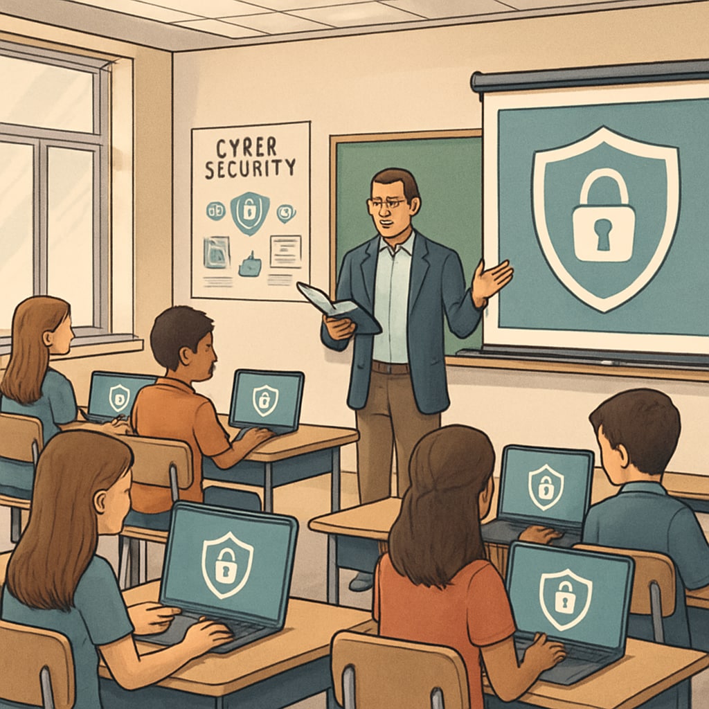 Students in a classroom learning about online safety and age verification regulations.