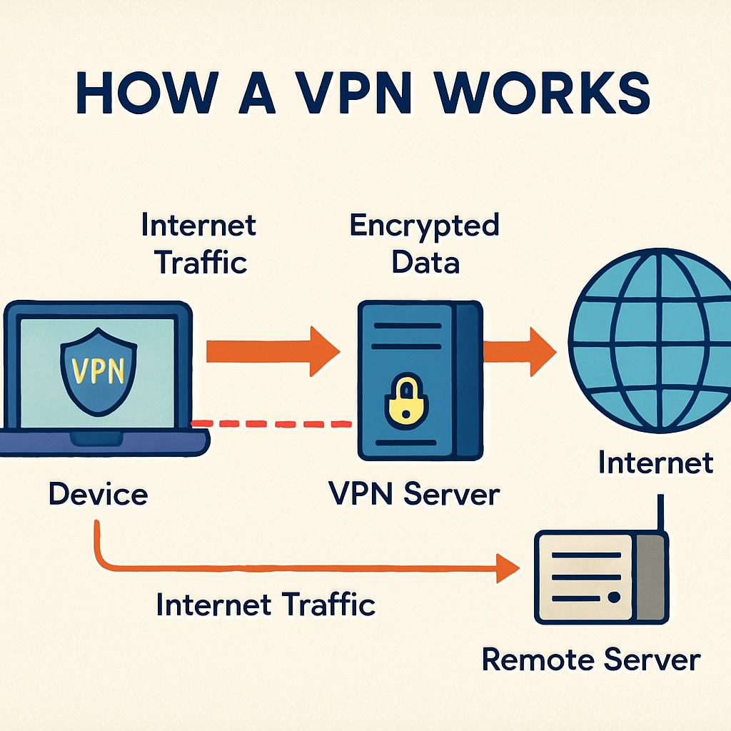A visual representation of how VPNs work to encrypt internet traffic, relevant to UK regulations.