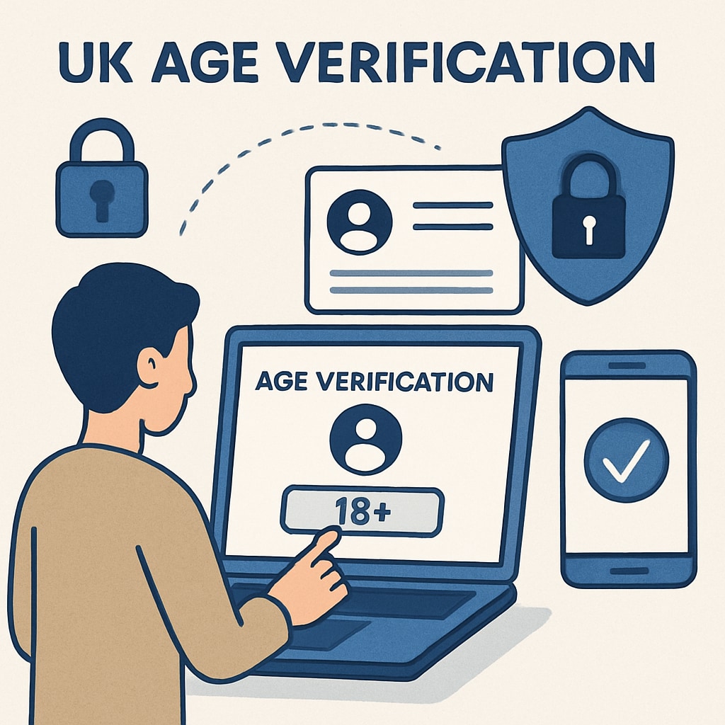 A graphical depiction of the UK age verification process, showing a user verifying age online through a secure platform. UK age verification process illustration.