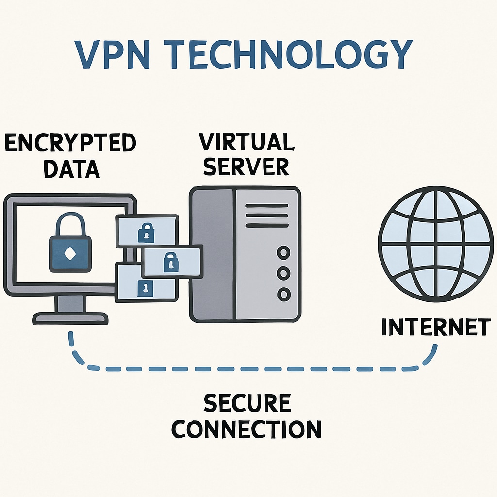 A depiction of VPN technology, showing encrypted data traveling securely through a virtual server. VPN encryption technology illustration.
