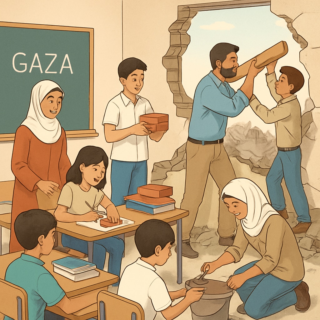 Gaza classroom rebuilding efforts highlighting science education and social studies.