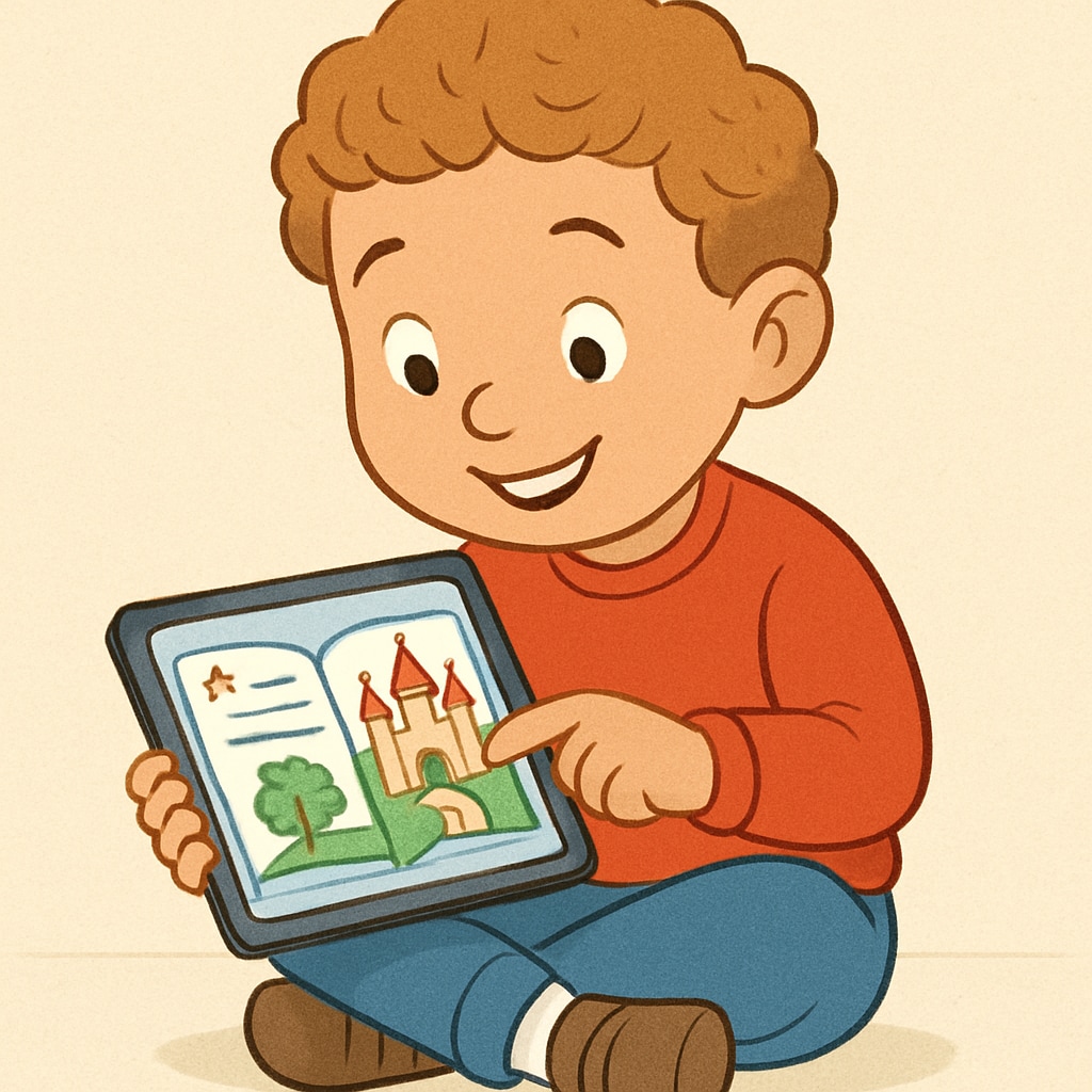 A child holding a tablet, reading an interactive storybook while smiling. A child engaging with a children's reading app on a tablet.