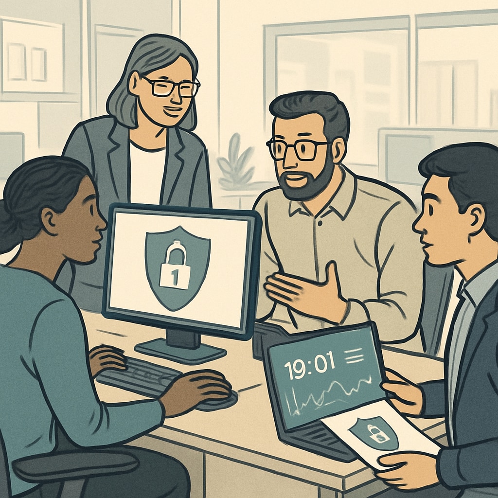 A diverse group of cybersecurity professionals collaborating in an office environment. Cybersecurity professionals collaborating in an office.