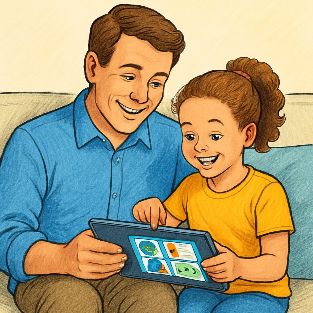 A parent and child sitting together, exploring an educational app on a tablet. A parent and child testing a reading app for Android together.
