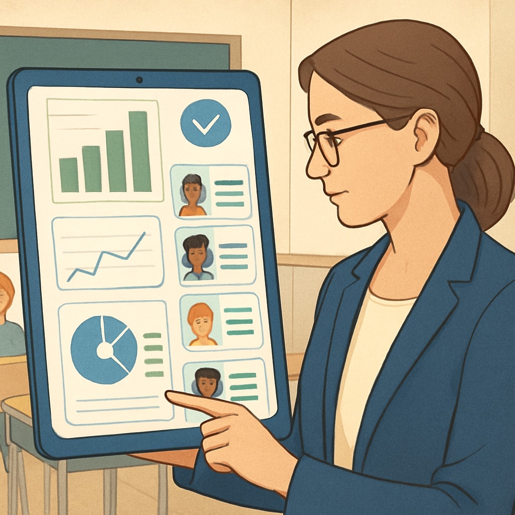 Teacher tracking student progress with technology for real-time learning insights.
