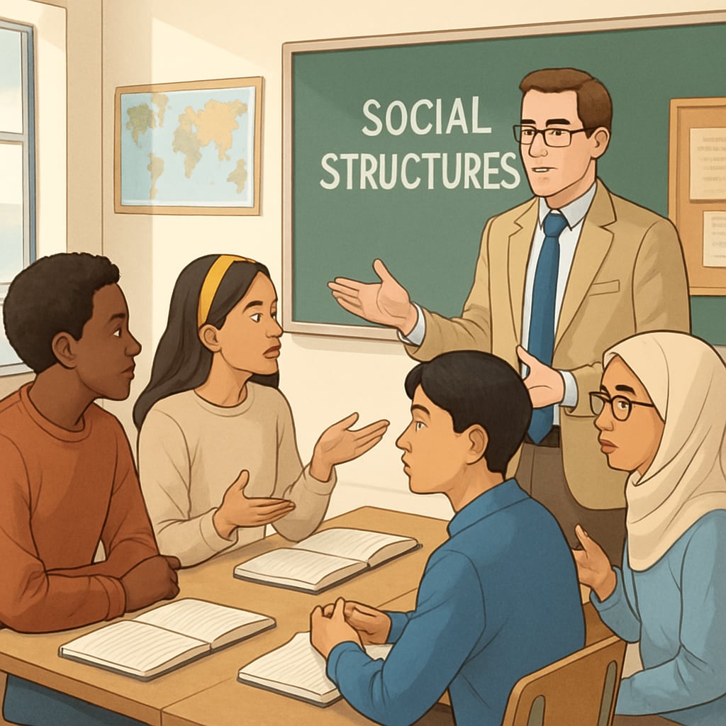 Students and teacher exploring social mobility in educational discussions.