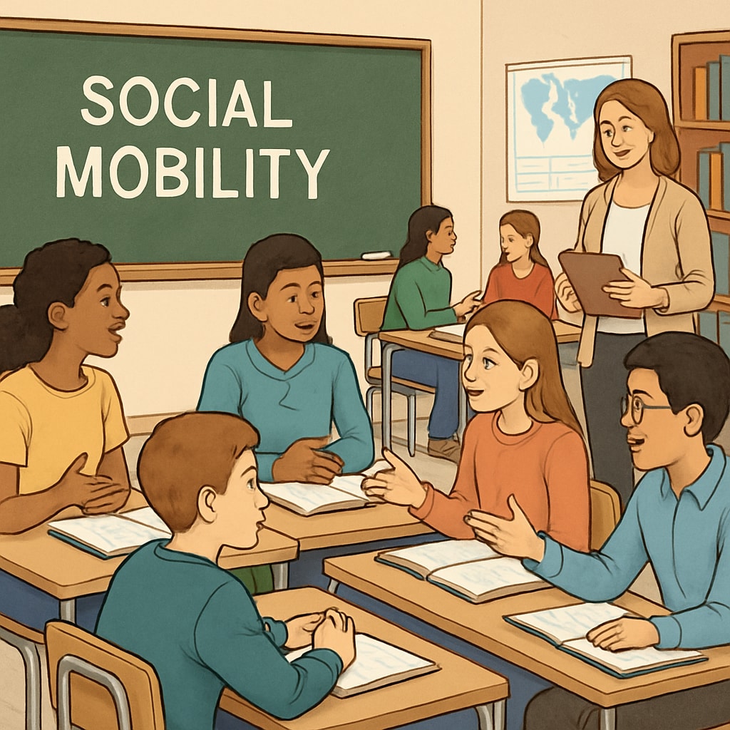 Students discussing social mobility in a classroom setting, focusing on critical thinking.