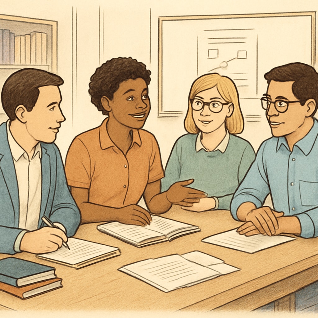A group of school counselors in a meeting setting, representing collaboration in education. School counselors collaborating in a meeting setting.