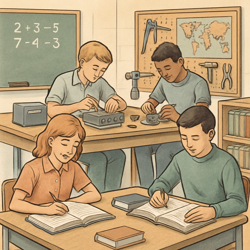 A classroom with students engaged in both academic work and hands-on technical activities, symbolizing the balance between CTE and traditional subjects. Students balancing Career and Technical Education with traditional academics in a classroom.