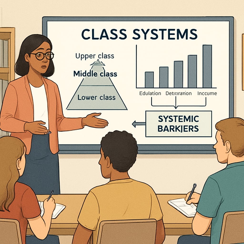 Teacher explaining class systems with visual aids to a group of students.