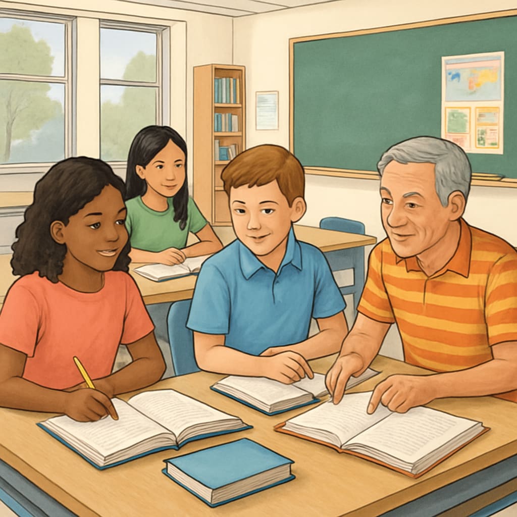 A diverse group of students studying together in a classroom, symbolizing the benefits of year-round schooling. Students in a classroom representing the advantages of year-round schooling.