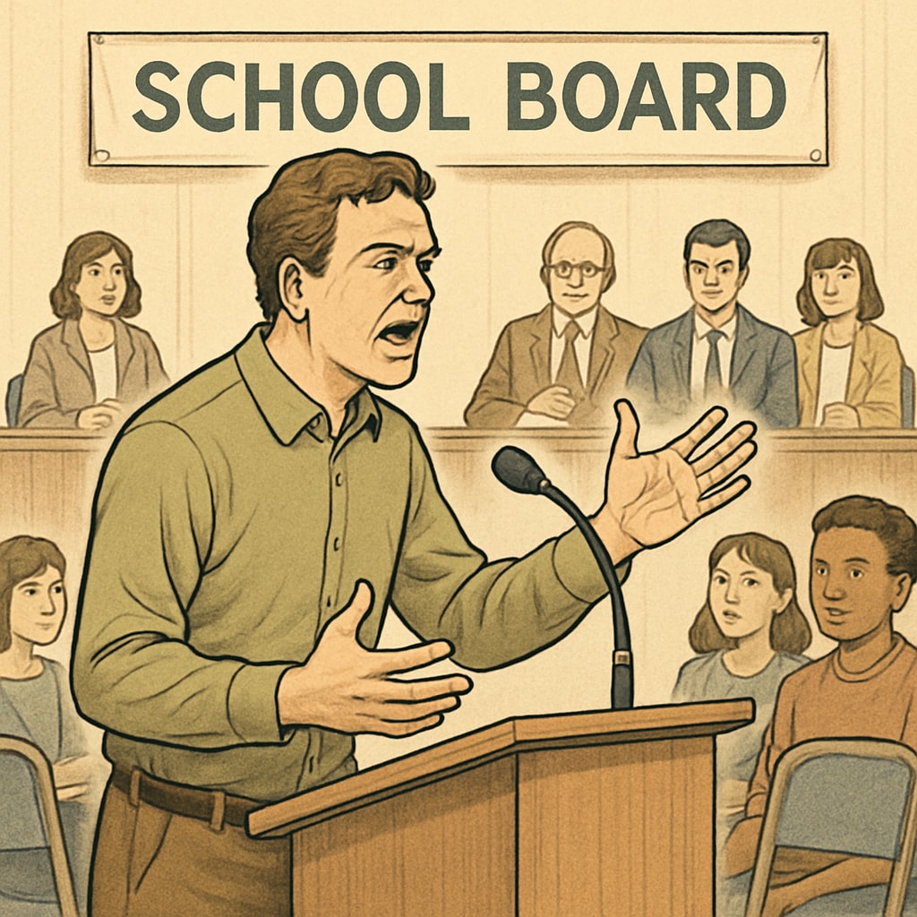 A parent passionately speaking during a public school board meeting to address community concerns. Concerned parent addressing child safety issues at a school board meeting.