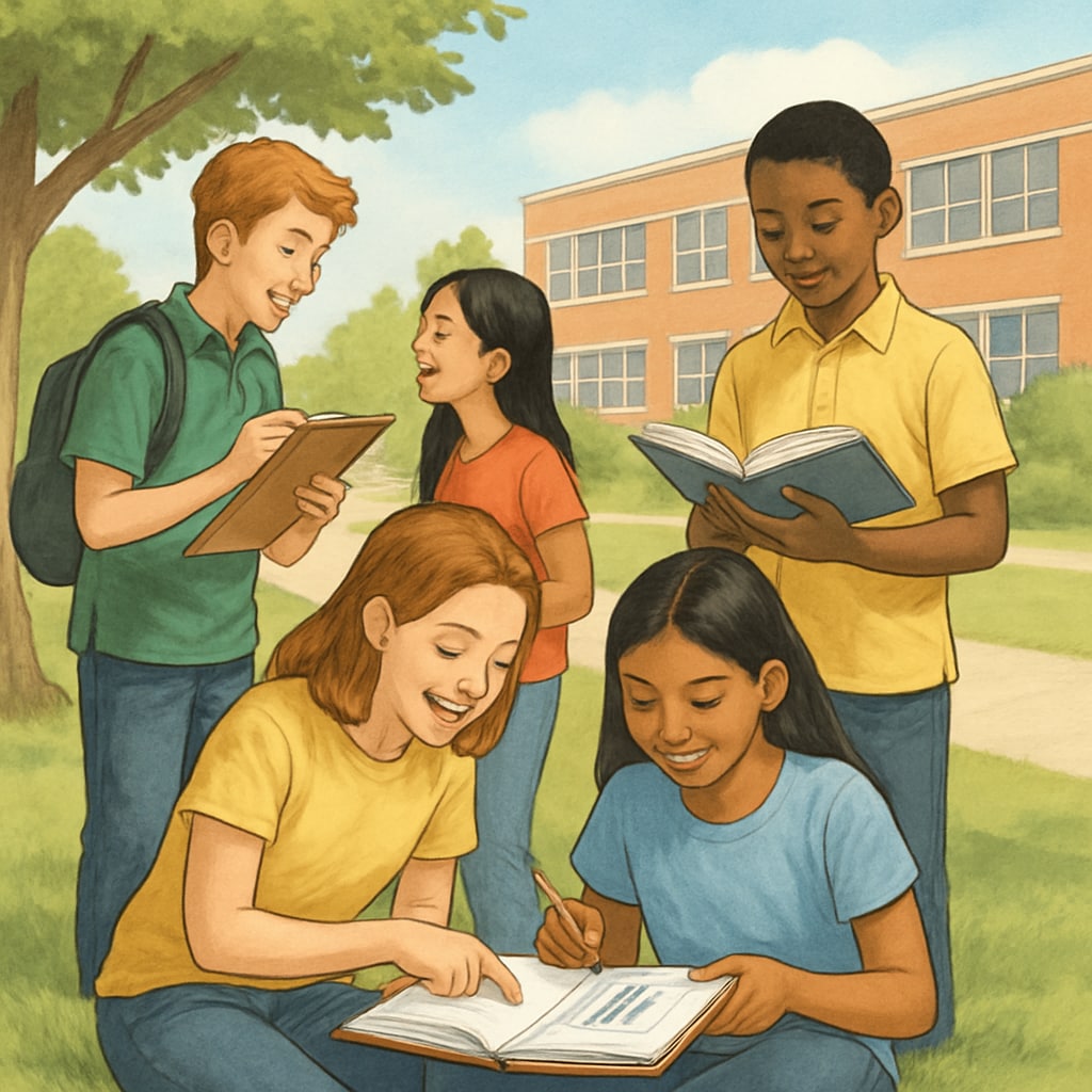 Students participating in outdoor learning during a short school break, supporting the year-round schooling model.