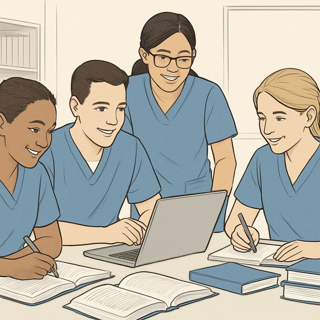 Nursing students study group, collaborative learning tools.