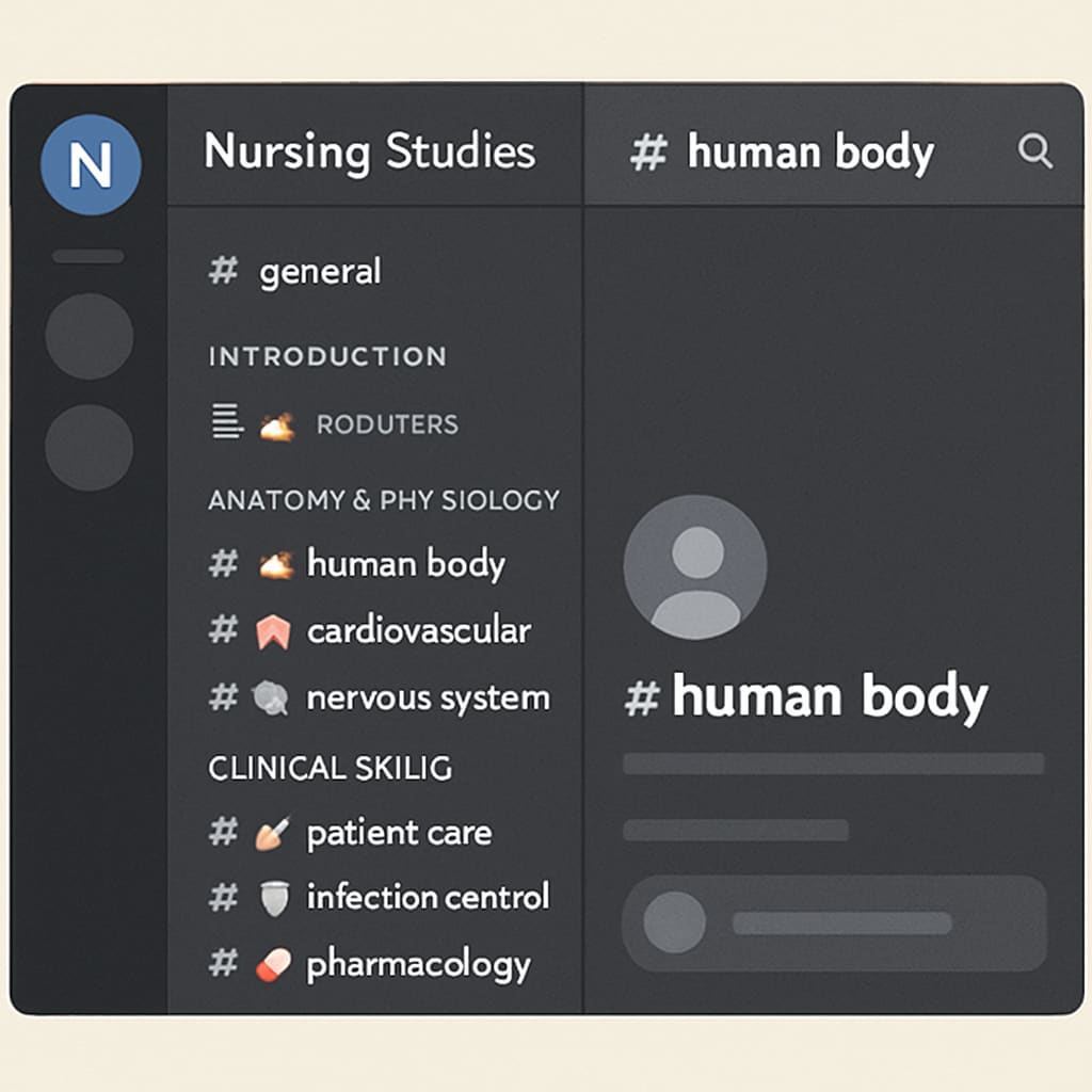 Discord server for nursing students with organized study channels.