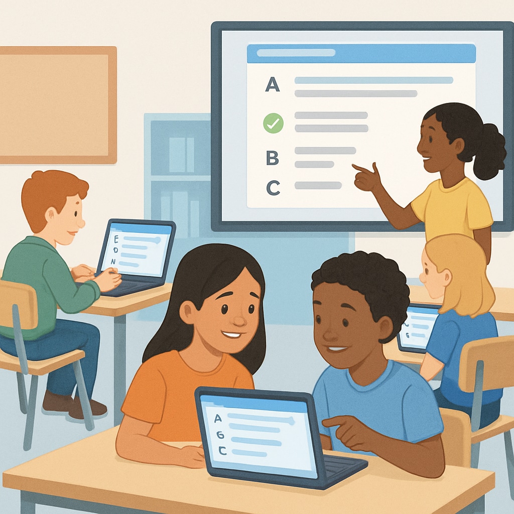 K12 students using test resources as teaching tools in a digital classroom environment.
