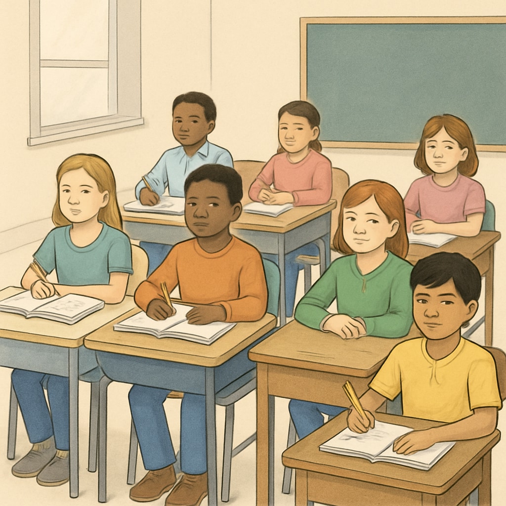 A group of students sitting in a classroom, with some seated in visibly better conditions than others, illustrating economic disparity. Students in a classroom showing economic disparity related to school fundraising.
