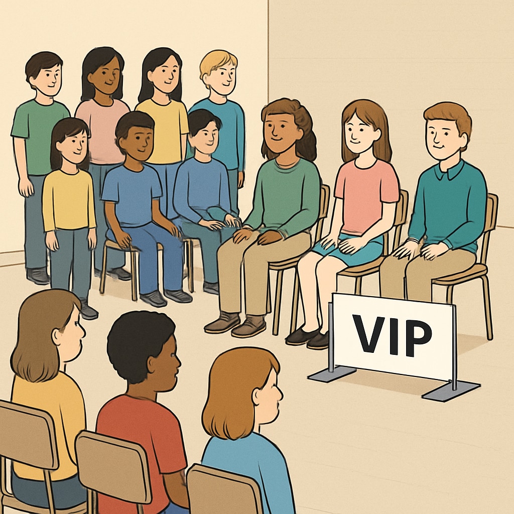 A school event where certain students are seated in a VIP section, while others watch from a distance, symbolizing privilege tiers. School event highlighting privilege tiers in fundraising models.