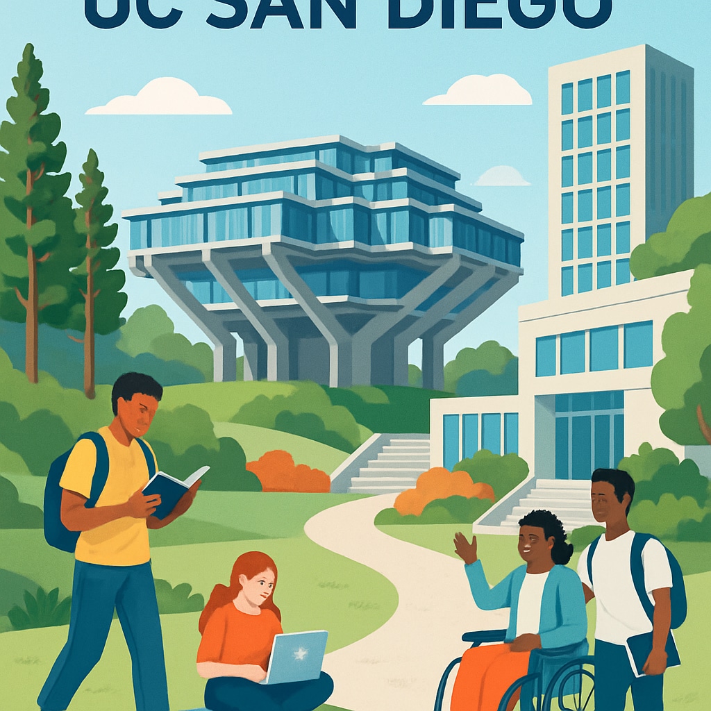 A vibrant view of UC San Diego's campus showcasing students and modern buildings, symbolizing growth and accessibility. UC San Diego campus with students and modern infrastructure, symbolizing expansion and inclusivity.