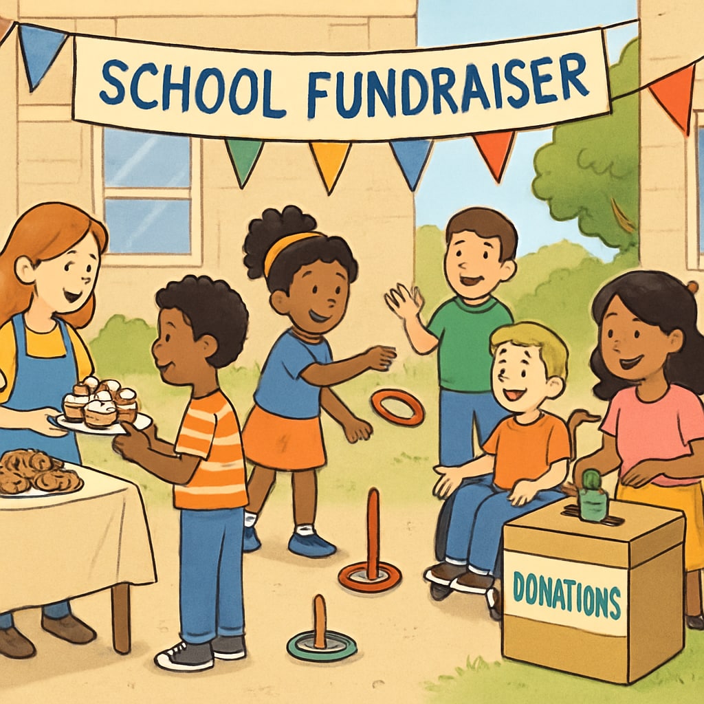 A group of children participating in a school fundraising event, showcasing inclusivity and diversity. Children participating in an inclusive school fundraising activity.
