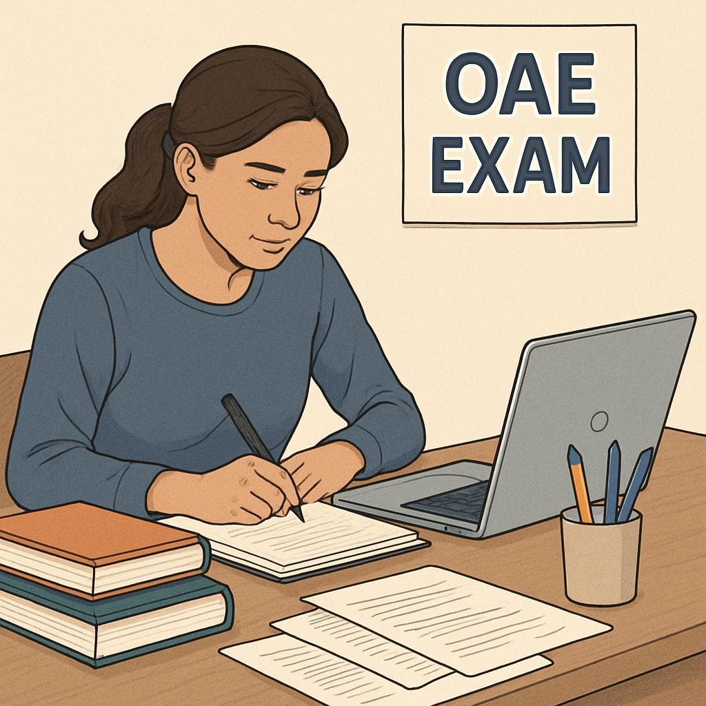 A student preparing for the OAE exam with study resources, laptop, and books.