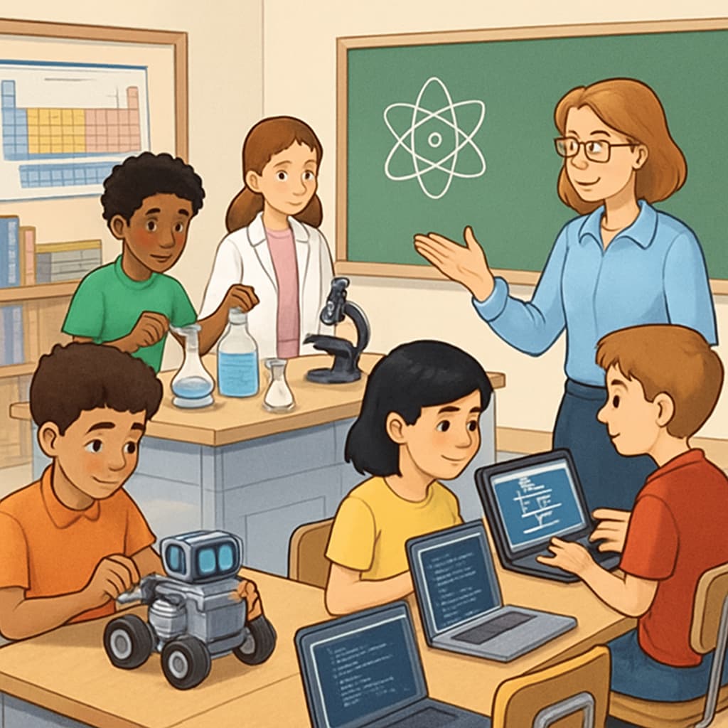 Students in a K-12 classroom engaging in STEM activities, illustrating preparation for higher education. K-12 students participating in STEM activities as preparation for university-level learning.