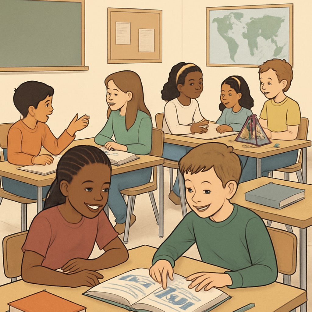 An inclusive classroom environment where students of diverse backgrounds collaborate on educational activities. Inclusive classroom environment promoting diversity and collaboration.