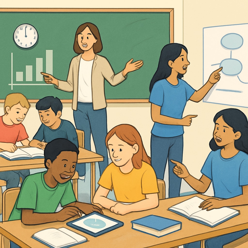 A classroom setting where students are engaged in collaborative learning activities, illustrating modern assessment techniques. Students in a classroom working together on learning activities, symbolizing collaborative assessment.
