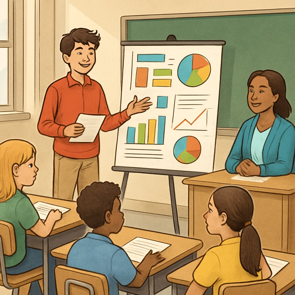 A student presenting a project in a classroom environment, showcasing a non-traditional assessment method like project-based learning. A student giving a project presentation, an example of innovative assessment methods in education.