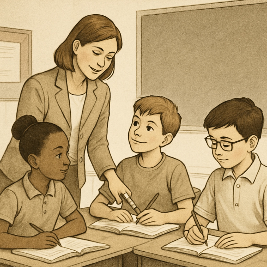 A classroom scene where a teacher collaborates with students, symbolizing the balance between strictness and care in education. Teacher guiding students in a collaborative classroom environment, emphasizing education ethics.