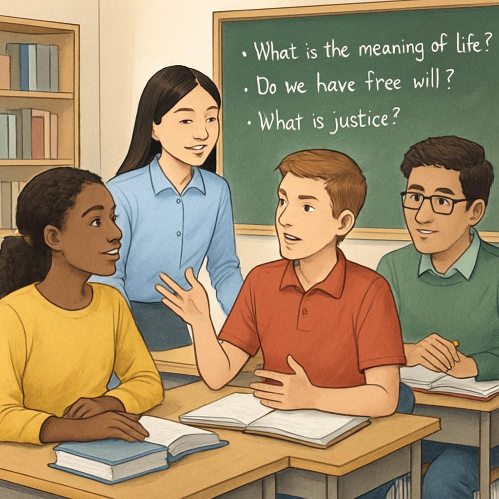 A diverse group of students discussing philosophical concepts in a classroom setting, emphasizing collaborative learning and critical thinking. Students discussing philosophy and psychology in a classroom to foster critical thinking.