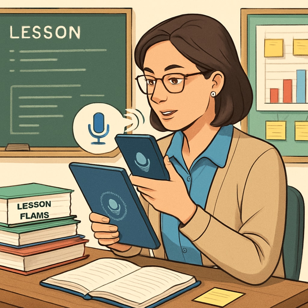 A classroom teacher using voice recognition technology to plan lessons. Teacher leveraging voice recognition to create lesson plans efficiently.