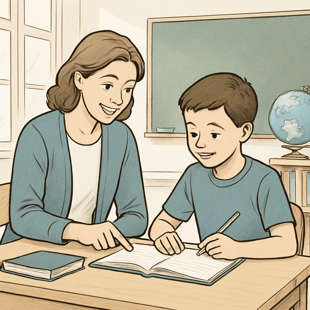 A teacher encouraging a student during a one-on-one session, highlighting care in education. Teacher providing individualized attention to a student, reflecting care and empathy in teaching practices.