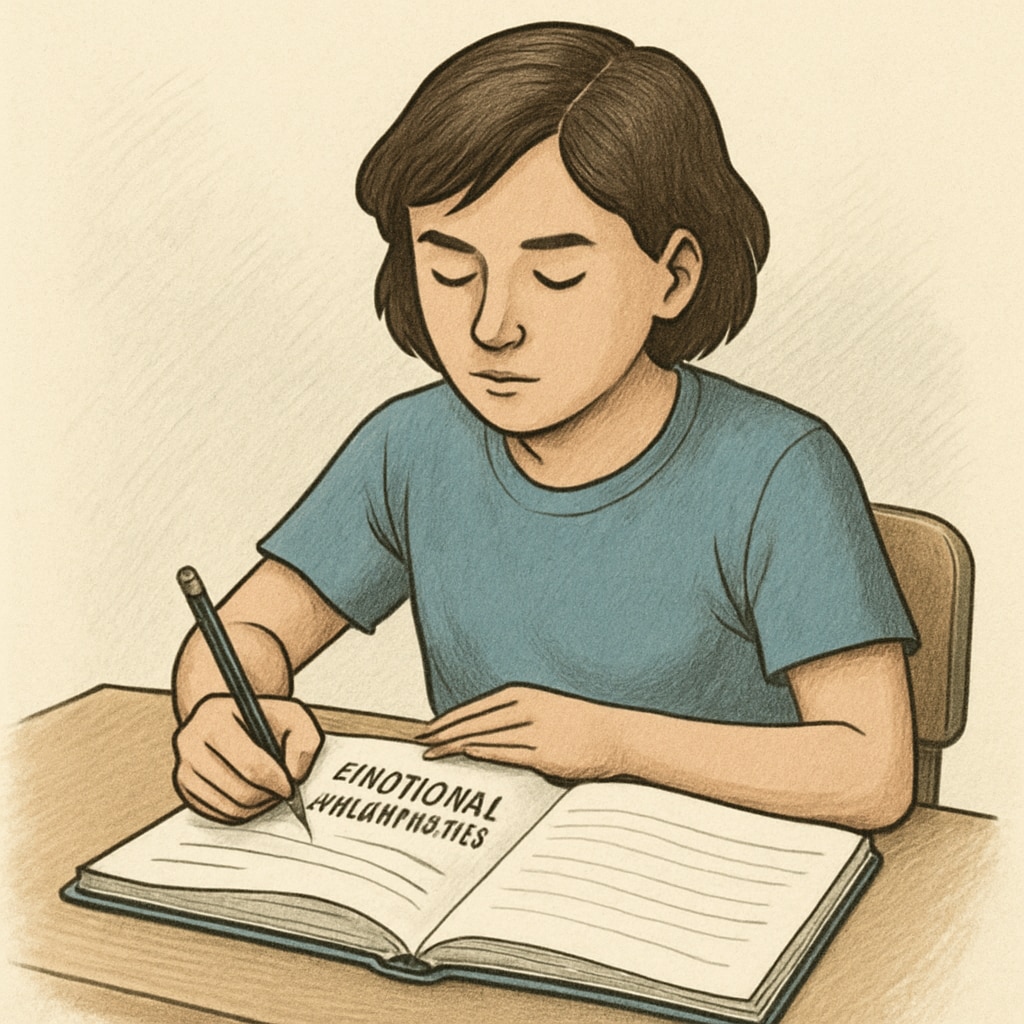 A student writing in their journal as part of emotional self-awareness exercises, illustrating amateur learning in psychology. Student journaling for emotional intelligence and self-awareness development.