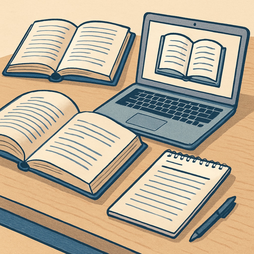Study desk with books, laptop, and a notepad for OAE exam preparation.
