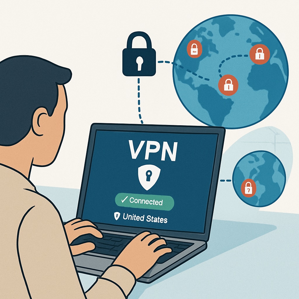 A laptop screen displaying a VPN interface, used to bypass UK age verification laws for adult content.