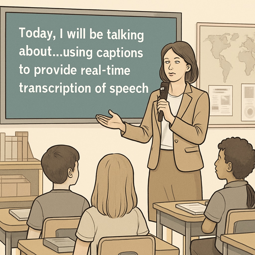 A teacher speaking into a microphone while a digital screen transcribes their words in real-time, symbolizing the use of speech-to-text technology in classrooms. Teacher using speech-to-text technology to transcribe spoken words in a classroom.