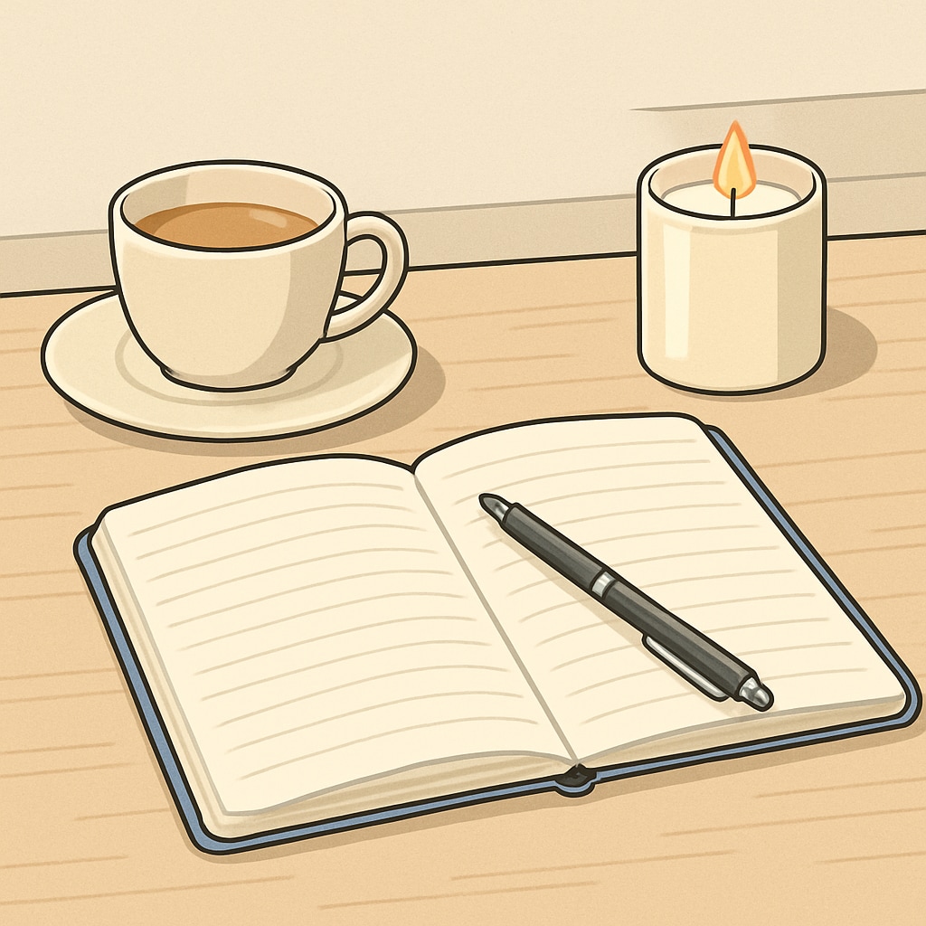Calm workspace with tea and a notebook for managing exam anxiety.